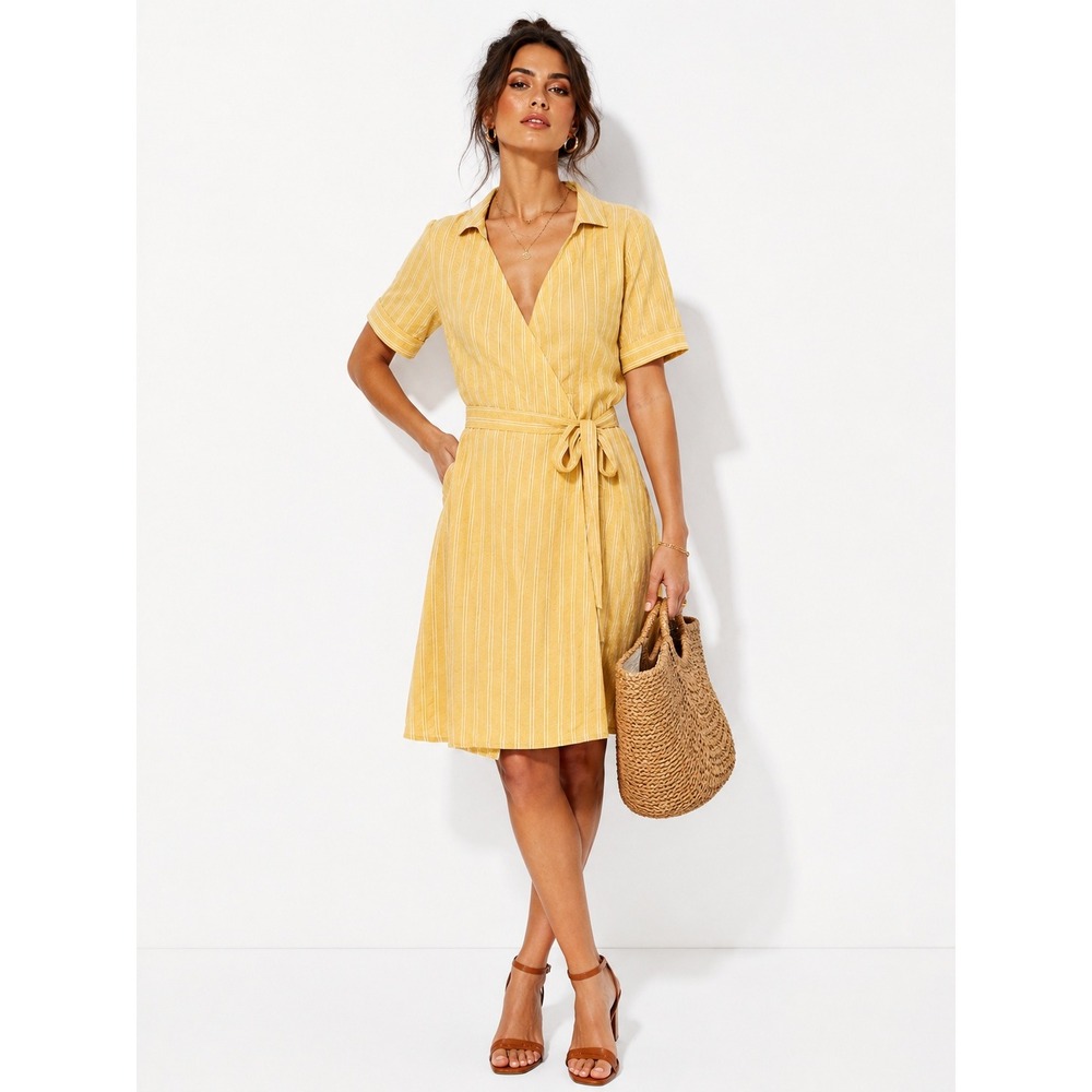 41 Hawthorn Miranda Linen Blend Shirt Dress Yellow White Stripe Wrap‎ Large NWT